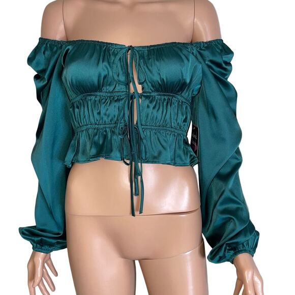 Mixed Threads blouse top Long Sleeve Textured Satin Emarald green puff sleeve SM - Picture 3 of 11